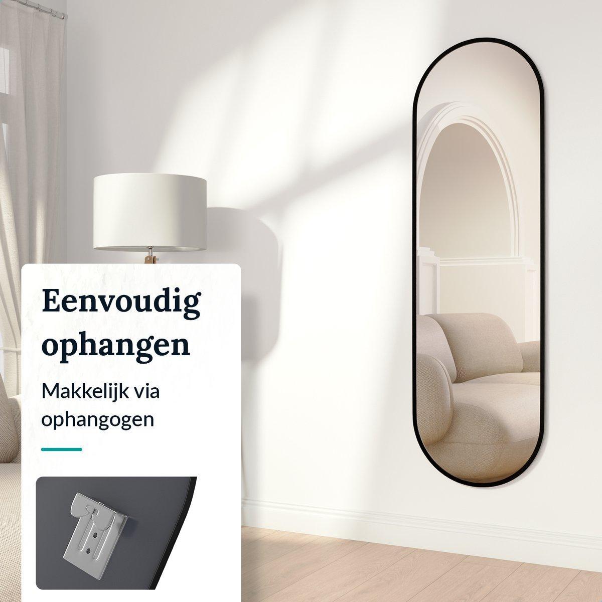 Ovaal Spiegel - Passpiegel - Hangend met Frame - Wandspiegel - Make up Spiegel - 160 x 50 cm – Zwart