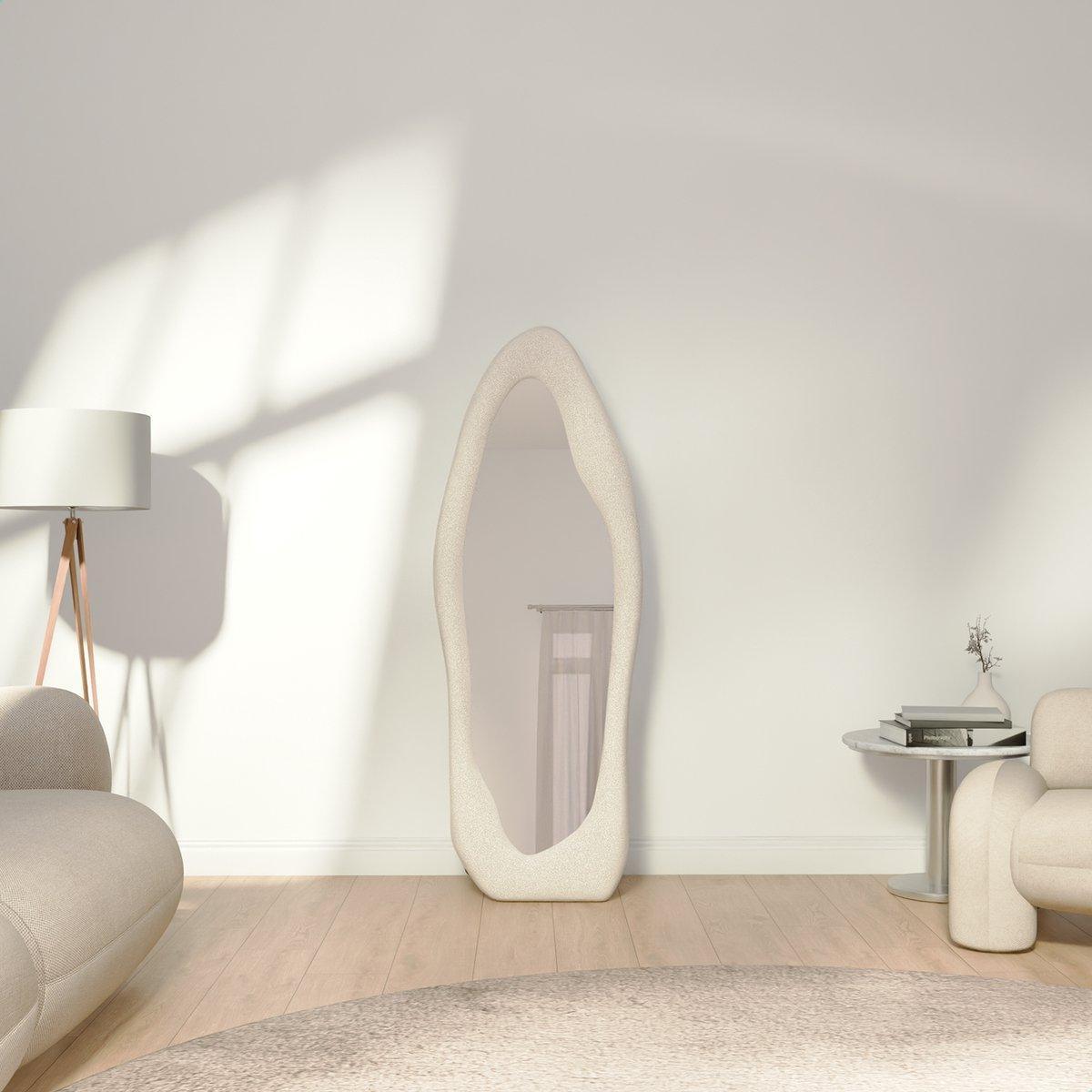 Suede Velvet Organische Spiegel - Passpiegel - Staand en Hangend - Make up Spiegel - 160 x 60 cm - Light Cream