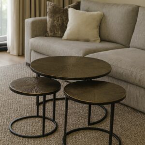 Luxe Rond Bijzettafel Set "Bronze Sun" – 3-delig Metaal & Houtlook